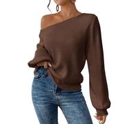 SKAYS Womens Off The Shoulder Sweater Asymmetrical Neck Fall Ribbed Knit Long Sleeve Pullover Sweaters Lightweight Top, Coffee Brown, M