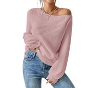 SKAYS Womens Off The Shoulder Sweater Asymmetrical Neck Fall Ribbed Knit Long Sleeve Pullover Sweaters Lightweight Top, Pink, L