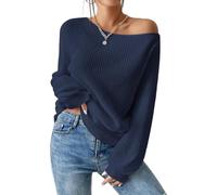 SKAYS Womens Off The Shoulder Sweater Asymmetrical Neck Fall Ribbed Knit Long Sleeve Pullover Sweaters Lightweight Top, Navy Blue, Small