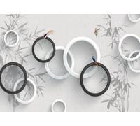 skdhlifpj Photography Wallpaper Bamboo 3D Mural Geometric Circle Ink Black-and-White Bamboo Flowers and Birds 150cmx105cm Kids Living Room Bedroom Wood Effect Wallpaper