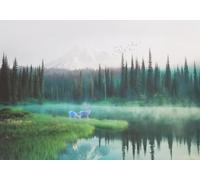 skdhlifpj Photography Wallpaper Birds 3D Mural White Mist, Tropical Rainforest, Deer, Birds, and Lake Scenery 300cmx256cm Kids Living Room Bedroom Wood Effect Wallpaper