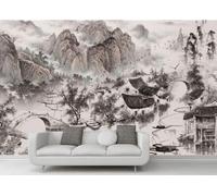skdhlifpj Photography Wallpaper Black and White Natural Landscapes 350cmx245cm Chinese-Style Poetic Ink Painting Rural Bridge Over Flowing Water Kids Living Room Bedroom Wallpaper