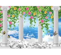 skdhlifpj Photography Wallpaper Blue Skies and White Clouds 350cmx245cm White Roman Columns with Climbing Roses Kids Living Room Bedroom Wallpaper