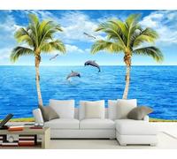 skdhlifpj Photography Wallpaper Dolphins and Coconut Palms 430cmx300cm Summer Blue Skies White Clouds Ocean Scenery Kids Living Room Bedroom Wallpaper