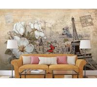 skdhlifpj Photography Wallpaper European Floral Architecture 200cmx140cm Retro Nostalgic Lilies Flowers and Eiffel Tower Kids Living Room Bedroom Wallpaper
