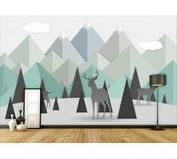 skdhlifpj Photography Wallpaper Geometric 3D Mural Abstract Geometric Green Mountain Peaks Forests and Deer 430cmx300cm Kids Living Room Bedroom Wood Effect Wallpaper