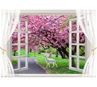 skdhlifpj Photography Wallpaper Landscape 3D Mural White Curtain with Cherry Blossoms and White Deer Outside The Window Landscape 300cmx256cm Kids Living Room Bedroom Wood Effect Wallpaper