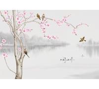 skdhlifpj Photography Wallpaper Natural Landscape 3D Mural Hand-Painted Red Plum Blossoms Flying Birds Natural Ocean Landscape 430cmx300cm Kids Living Room Bedroom Wood Effect Wallpaper