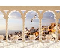 skdhlifpj Photography Wallpaper Natural Seascape Beyond The Window 150cmx105cm White Roman Columns Aegean Castle Streetscape Kids Living Room Bedroom Wallpaper