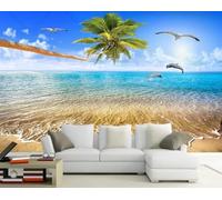 skdhlifpj Photography Wallpaper Ocean Dolphins 400cmx280cm Blue Sky White Clouds Beautiful Seascape Coconut Tree Scenery Kids Living Room Bedroom Wallpaper