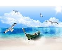 skdhlifpj Photography Wallpaper Outside The Window 3D Mural Blue Sky White Clouds Beach Seascape Fishing Boat Background Wall 400cmx280cm Kids Living Room Bedroom Wood Effect Wallpaper