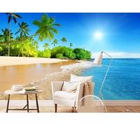 skdhlifpj Photography Wallpaper Sunlit Seaside View 430cmx300cm Ocean Beyond The Window Coconut Trees Natural Landscape Kids Living Room Bedroom Wallpaper