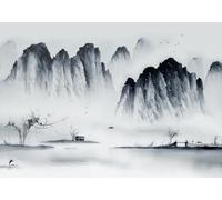 skdhlifpj Photography Wallpaper Waterfall 3D Mural Rural Village Large Tree Ink-Washed Black-and-White Mountains Waterfall 400cmx280cm Kids Living Room Bedroom Wood Effect Wallpaper