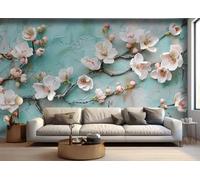 skdhlifpj Photography Wallpaper White Peach Blossoms 400cmx280cm Chinese Floral Birds and Flowers On Blue Background Kids Living Room Bedroom Wallpaper
