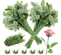 Skdqiee 100 Pcs Rose Stems with Leaves & 100 Pcs Flower Calyxes Set, Fake Flower Stems Artificial Flower Sepals, Floral Arrangement Supplies, DIY Artificial Flowers Tools for Bouquet Wedding Party