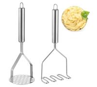 Skdqiee 2 Pcs Potato Mashers, Stainless Steel Manual Mashers with Linear Head and Round Head, Kitchen Mashing Tools for Potatoes, Fruit, Meat, Vegetables