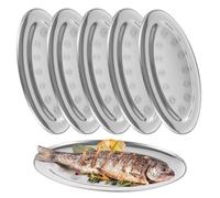 Skdqiee 6 Pcs Stainless Steel Oval Platters, 13.2" Large Fish Serving Trays, Anti-Rust Metal Dinner Plates, Unbreakable Dessert Dishes, Elegant Long Kitchen Trays for Steaming Fish