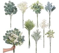 Skdqiee 75 Pcs Artificial Eucalyptus Stems, DIY Greenery Set - 8 Varieties Faux Plants Bundles with Silver Dollar, Lamb's Ear, Rosemary, Bamboo Leaves - Realistic Silk Flowers for Wedding Bouquet