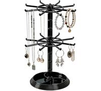 Skdqiee Rotating Jewelry Display Stand with 16 Hooks, 2-Tier Keychain Display Stand Necklace Organizer, 360° Spinning Jewelry Rack, Stable Base, 11.2 x 8.1 x 6.3 in for Home, Black