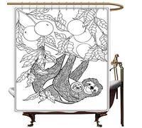 SKDSArts Shower Curtains That tie Back Sloth,Lovely Sloth with Its Baby in Forest Tree Outline with Ripe Fruits Cheering Nature,Black White,W36 x L72,Shower Curtain for Girls