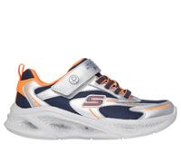 Skechers Boy's Meteor-Lights - Glow-Strider Sneaker in Silver/Orange, Size 1.5 | Synthetic/Textile