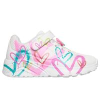 Skechers Girls JGoldcrown: UNO Lite - Heart Status Sneaker in White, Size 2 | Synthetic/Textile, Machine Washable
