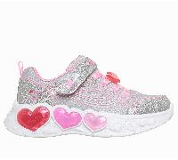 Skechers Girls S-Lights: Enchanted Heart Lights Sneaker in Silver, Size 5 | Textile/Synthetic