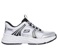 Skechers Girls Slip-ins: Retro-Graph - Classic Kicks Sneaker in White/Black/Silver, Size 5 | Synthetic/Textile, Machine Washable