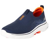 Skechers Men's Wide Fit GO Walk 7 Sneaker, Navy and Orange Textile, 10.5 UK