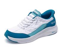 Skechers Women's Contour Foam Cozy Fit Hands Free Slip-ins Sneaker, White/Turq, 8.5