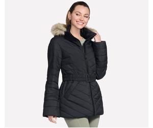 Skechers Women's On-The-GO GO SHIELD Cosy Fit Belted Parka in Black, Size Medium | Polyester