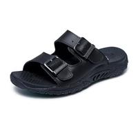 Skechers Women's Reggae-Jammin' Sandal, Black, 5 | Oiled Leather Upper, Double Adjustable Metal Buckles, Contoured Cushioned Footbed, Wide Fit