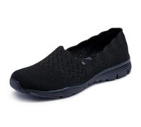 Skechers Women's Seager-Stat-Scalloped Collar, Engineered Skech-Knit Slip-on-Classic Fit Loafer, Black/Black, 5 W US