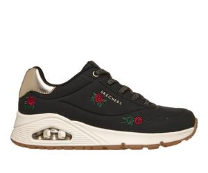 Skechers Women's UNO - Champagne & Roses Wedge in Black/Red, Size 6.5 | Synthetic/Textile
