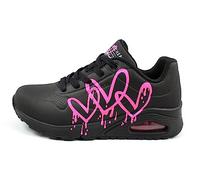 Skechers Goldcrown Dripping Heart Print Duraleather Fashion Sneaker, Black, Size 4, Women Black