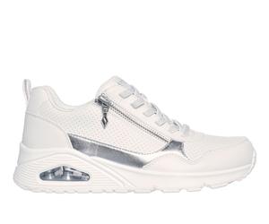 Skechers Women's UNO - Metallic Sliders Sneaker in White, Size 4 | Synthetic/Metal/Textile