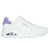 Skechers Women's UNO - Pop Back Sneaker in White/Purple, Size 6.5 | Synthetic/Leather/Textile