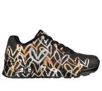 Skechers Women's x JGoldcrown: UNO - Metallic Love Sneaker in Black/Gold, Size 2 | Synthetic/Textile