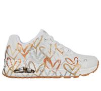 Skechers Women's x JGoldcrown: UNO - Metallic Love Sneaker in White/Gold, Size 9 | Synthetic/Textile