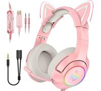 Skecten Gaming Headset with Mic, Noise Cancelling LED Wired Cat Ear Headphones with 3.5mm Jack for Xbox One, PS4, PS5, Switch, PC, Laptop, Mac, 4D Stereo Surround, Pink