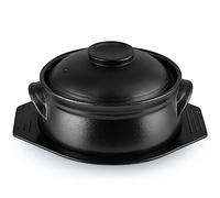 Skelang Korean Ceramic Bowl with Lid and Trivet, 1.6 L Double Handles Cooking Bowl, Sizzling Hot Pot for Dolsot Bibimbap, Rice, Noodle, Soup (Frosted Black)