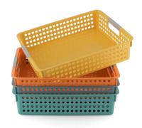 Skelang Stackable A4 Paper Tray, 4 Pcs Plastic Storage Basket, Colourful Organizer Basket with Handles for Classroom, Office, Kitchen, Bathroom (4 Colors)