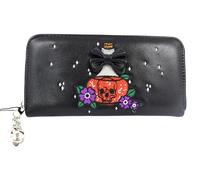 Skelapparel Mystical Gothic Zip Around Wallet, Poison Bottle Embroidery with Black Bow, Faux Leather Skull & Floral Design Purse