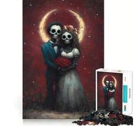 Skeletal Wedding Couple with Red Roses Adults Puzzles 1000 Piece Jigsaws Strengthen Memory Quiet Calm Clean Edge Art Collectible 38x26cm