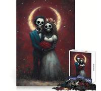 Skeletal Wedding Couple with Red Roses Adults Puzzles 1000 Piece Jigsaws Strengthen Memory Quiet Calm Clean Edge Art Collectible 38x26cm