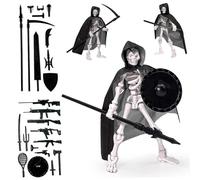 Skeleton Action Figure, Multi-jointed Movable Skeleton Toy with Hooded Cape & Weapons, Plastic Action Figure for Collectors Desktop Decorations