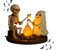 Skeleton and Ghost Bonfire Night Lamp, Halloween Cute Ghosts Campfire Roasting Marshmallows Flickering Night Light, Skeleton Ghost Bonfire Halloween Night Light, Spooky Night Ambience Light