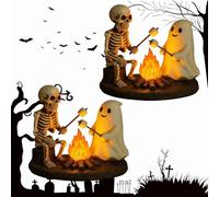 Skeleton and Ghost Bonfire Night Lamp, Halloween Decor Ghost Campfire Flickering Light, Cute Spooky Halloween Ghosts Nightlight for Indoor Home Decor and Gifts (2pcs)