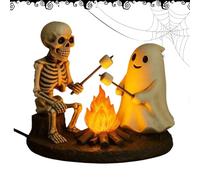 Skeleton and Ghost Bonfire Night Lamp, Skeleton Ghost Campfire Flickering Night Light Indoor Figurine Lamp, LED Ambience Nightlight for Desktop Bedside Living Room Bedroom Mantel Halloween Decoration