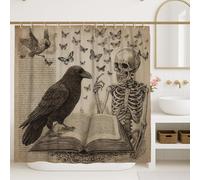 Skeleton and Raven Shower Curtain, Vintage Black White Gothic Bathroom Decor, Halloween Autumn Art Print Waterproof Fabric Shower Curtain with Hooks 72x72 Inch